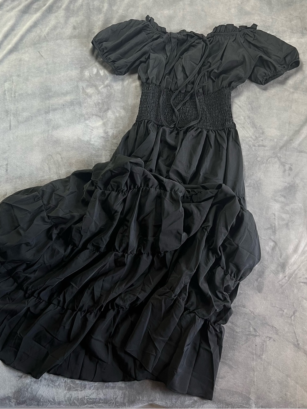 Black Off-Shoulder Smocked Waist Maxi Dress
